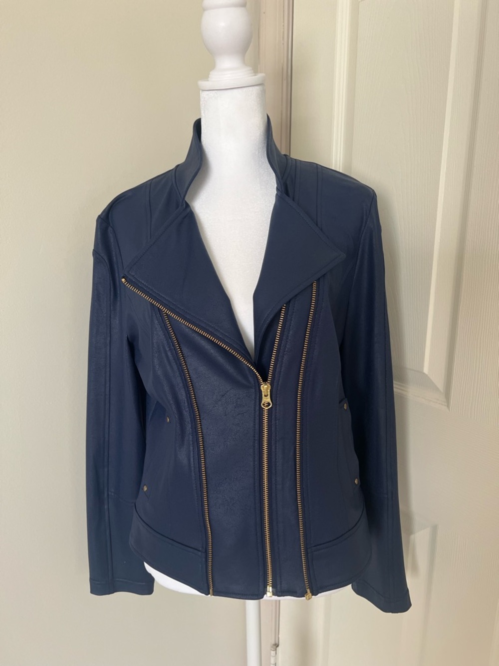 Clara Sun Woo Navy Leather Jacket with Gold Zippers